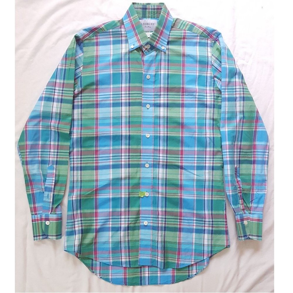 Ledbury Slim Fit Linen Blend Button Up Shirt Green Plaid Men's Size Small 15